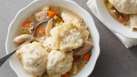 We’ve devised a clever and no-fail way to make classic chicken and dumplings into a freezer-friendly meal. Make the chicken stew ahead of time, and when you’re ready to cook, simply add easy Bisquick dumplings, and dinner’s ready! Salisbury Steaks, Freezer Friendly Meals, Comforting Soup, Chef John, American Recipes, Classic Recipes, Bread Serving, Comfort Dishes, Dumpling Recipe