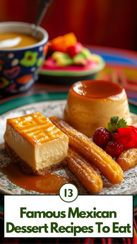 A plate of traditional Mexican desserts including churros, flan, and tres leches cake, showcasing vibrant flavors and rich textures. Mexican Christmas Dessert Recipes, Mexican Dessert Charcuterie Board, Mexican Food Recipes Dessert, Mexican Baked Goods, Mexican Tiramisu, Cajeta Desserts, Mexican Friendsgiving, Mexican Desserts Easy, Mexican Christmas Desserts