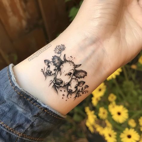 Cow Family Tattoo, Highland Calf Tattoo, Dainty Cow Tattoo, Cow And Calf Tattoo, Cowgirl Tattoo Ideas, Western Arm Sleeve Tattoos For Women, Homestead Tattoo, Cows Tattoo, Cow Tattoos For Women