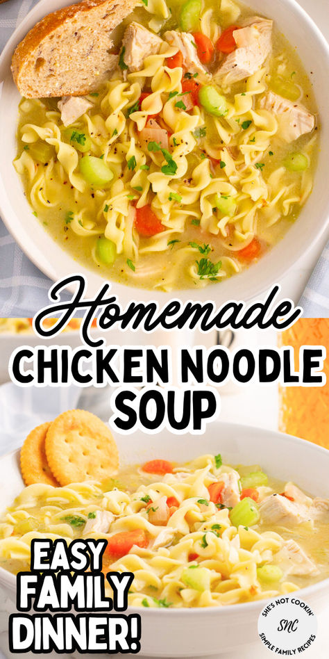 Chicken noodle soup in a white bowl. Toddler Chicken Noodle Soup, Easy Healthy Chicken Noodle Soup, Chicken Noodle Soup With Frozen Chicken, Homemade Chicken And Noodle Soup, Home Made Chicken Noodle Soup Easy, Kid Friendly Chicken Noodle Soup, Leftover Chicken Broth Recipes, Chicken Stock Soup Recipes, Chick Noodle Soup Recipes