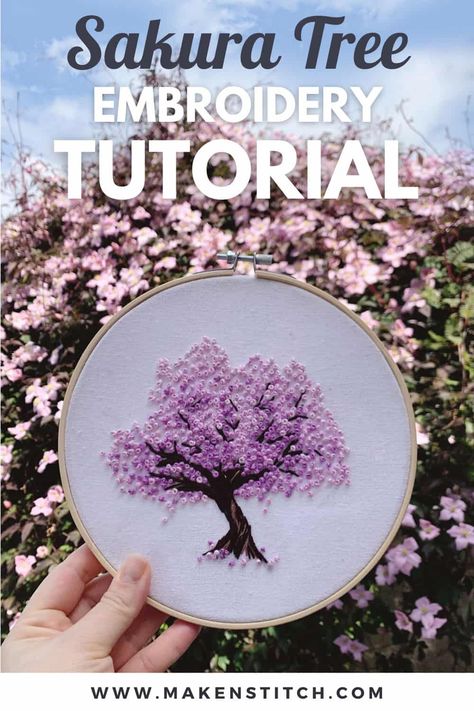 Learn how to embroider this gorgeous Sakura Tree pattern. This is a repetitive pattern, great if you’re looking to zone out and detach from the daily stress. Embroidery Trees Tutorials, Embroidery Tree Pattern, Tree Embroidery Pattern, Repetitive Pattern, Butterfly Stitches, Tree Embroidery, Shades Of Violet, Wooden Embroidery Hoops, Sakura Tree