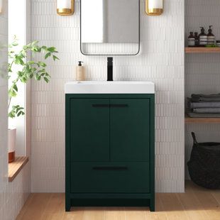 24 Inch Bathroom Vanity, White Countertop, Mirror Backsplash, Integrated Sink, Downstairs Bathroom, White Countertops, Green Bathroom, Bathroom Vanity Set, Luxury Vinyl Plank