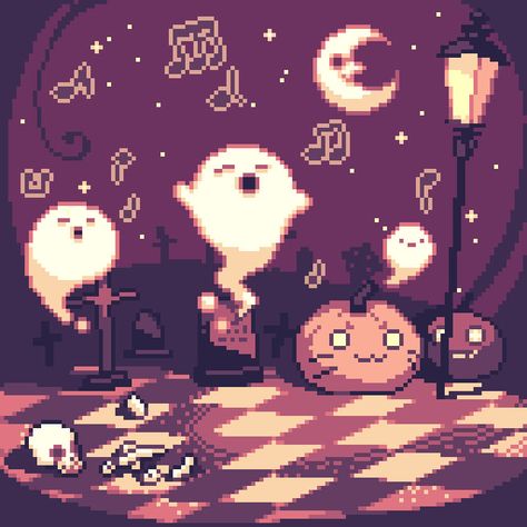 Tamagotchi Meets/ON BG - Qing Han Pixelated Art Aesthetic, Halloween Pixel Wallpaper, Pixel Phone Background, Pix Art Wallpaper, Pixel Halloween Wallpaper, Cute Pixel Background, Game Background Aesthetic, Genshin Halloween Art, Halloween Anime Background