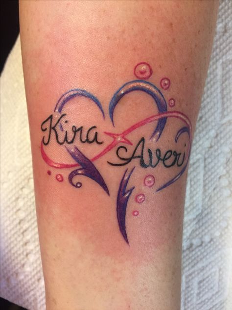 Heart Infinity Tattoo With Names, Infinity Heart Tattoo For Women, 2 Name Tattoo Ideas, Infinity Name Tattoo, Grandmother Tattoo, Name Tattoos For Girls, Tattoo Leo, Ninja Tattoo, Heart With Infinity Tattoo