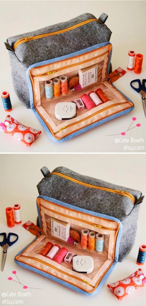 Bag For Sewing Supplies, Sewing Tools Bag, Sew Organizer Bag, Patchwork Boxes Ideas, Diy Sewing Kit Organizer, Sewing Travel Kit, Travel Sewing Kit Diy Free Pattern, Diy Sewing Box Organizer, Box Pouch Sewing Pattern