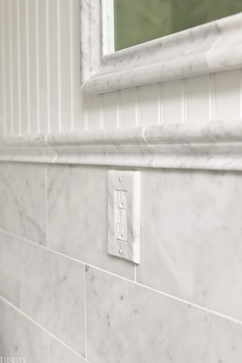 Bathroom Floor Diy, Carrara Marble Bathroom, Marble Shower Tile, Beadboard Bathroom, Wainscoting Bathroom, Marble Tile Bathroom, Bathroom Improvements, Subway Tiles Bathroom, Marble Subway Tiles