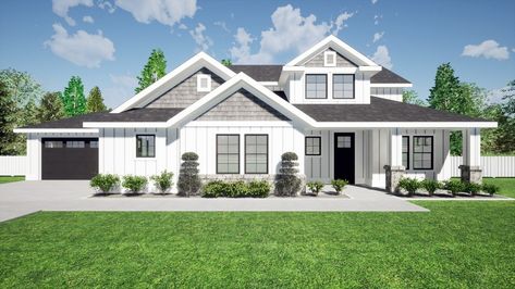 Home Plan: 203-10069 | 3037 heated square feet | 2.5 bathroom | 4 bedroom | high ceilings | multiple garages | fireplace | a luxurious master suite | a covered entry | #archilovers #archidaily #architect #architecture #art #beautiful #entrepreneur #realEstate #realty #floorPlan #house #home #Traditional #Craftsman #Country #Luxury #AttachedGarage #MultipleGarages #CoveredPorch #CoveredEntry #CoveredPatio Bathroom And Walk In Closet, Shake Siding, Porch Fireplace, American Farmhouse, Central Kitchen, Cedar Siding, Flex Room, Farmhouse Plan, Tall Ceilings