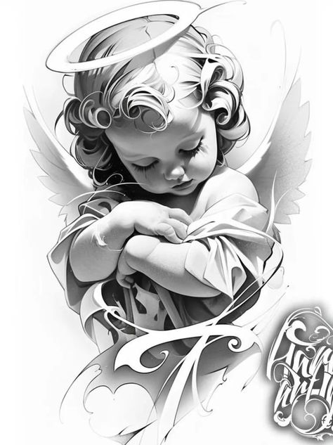 Miracle Baby Tattoo, Gangsta Tattoo Ideas, Baby Angel Tattoo For Men, Angel Halo Tattoo, Baby Angel Tattoo Designs, Baby Angel Drawing, Cloud Tattoo Stencil, Angel Face Tattoo, Angels Tattoo Designs