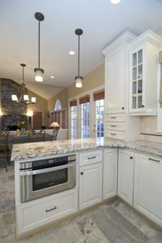 Small Open Plan Kitchen Living Room, Granite Benchtop, Peninsula Kitchen Design, Small Open Plan Kitchens, Living Room And Kitchen Design, Kitchen Peninsula, Appliance Garage, Fireplace Mantles, Kabinet Dapur