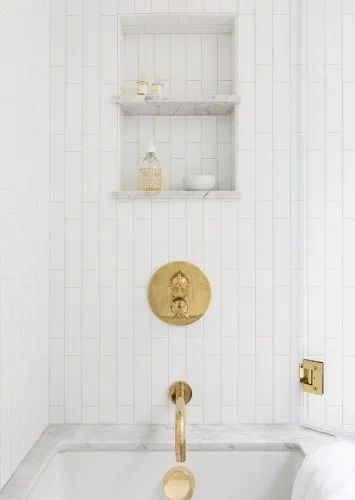 Marble Shower Niche and Vertical Subway Tile - Room For Tuesday Subway Tile Showers, Subway Tiles Bathroom, Modern Renovation, Shower Niche, Bath Remodel, Subway Tile, Interior Design Trends, Shower Tile, Bathroom Inspiration