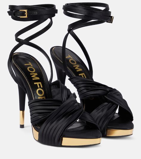 Find Tom Ford Satin Platform Sandals on Editorialist. Lining: leather. Toe shape: pointed open toe. Sole: leather insole and sole. Closure: ankle strap. Comes with extra heel tips. Made in Italy. Comes with dust bags. Upper: fabric. Comes with a box. Tom Ford Heels, Evening Heels, Latest Sandal, Black Toms, Satin Noir, Fancy Shoes, Cute Heels, Platform Sandals Heels, Hot Shoes