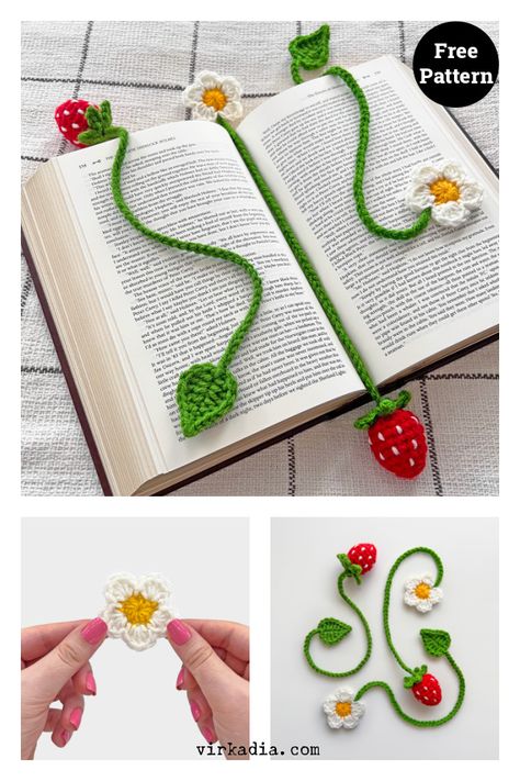 Ensemble de marque-pages en forme de fleur de fraise, modèle de crochet gratuit Flower Bookmark Crochet, Bookmark Crochet Tutorial, Crochet Bookmarks Free Patterns, Easy Crochet Bookmarks, Crochet Small Flower, Bookmark Crochet, Bookmark Pattern, Crochet Bookmark Pattern, Crochet Bookmark