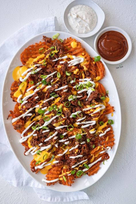 Loaded BBQ Waffle Fries — The Yummy Vegan Low Sugar Bbq Sauce, Bbq Jackfruit, Vegan Fries, Vegan Worcestershire Sauce, Waffle Fries, Loaded Fries, Vegan Cheddar, Homemade Ranch Dressing, Vegan Bbq