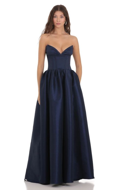 Corset Strapless Gown Dress in Navy | LUCY IN THE SKY Lucy In The Sky, Strapless Gown, Gown Dress, Hand Washing, The Sky, Angeles, Prom, Zipper, Navy