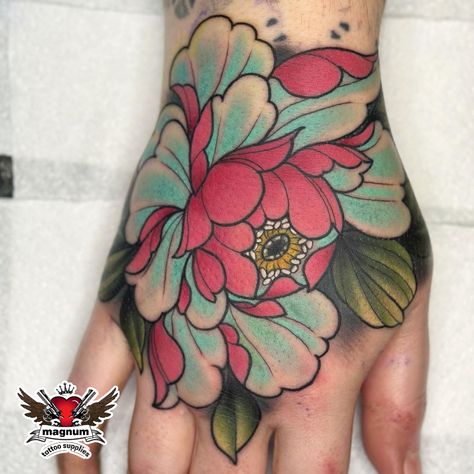 Neo Trad Peony Tattoo, Peony Neotraditional Tattoo, Neo Trad Peony, Peony Sleeve Tattoo, Neo Traditional Peony, Peony Hand Tattoo, Traditional Peony Tattoo, Japanese Peony Tattoo, Pink Flower Tattoos