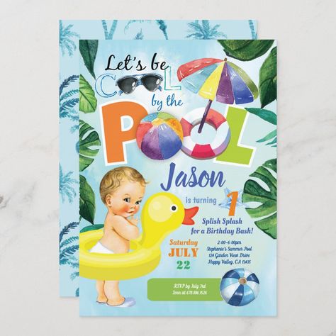 Baby boy first birthday pool party tropical invitation First Birthday Pool Party, Birthday Pool Party, Tropical Invitations, Summer Party Invitations, Baby Boy 1st Birthday Party, Pool Birthday, Tropical Birthday, Baby Boy First Birthday, Pool Party Invitations