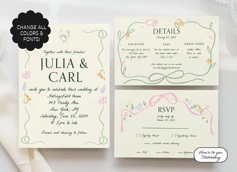 Floral Wedding Invitation Suite, Hand Drawn Wedding, Floral Wedding Invitation, Garden Party Wedding, Handwritten Fonts, Party Invite Template, Custom Wedding Invitations, Wedding Invitation Suite, Wedding Stationary