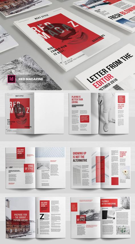 Red | Magazine Template InDesign INDD Handwritten Logo Design, Catalog Design Layout, Red Magazine, Magazine Cover Ideas, Indesign Layout, Tech Magazine, 잡지 레이아웃, Booklet Design, Presentation Layout