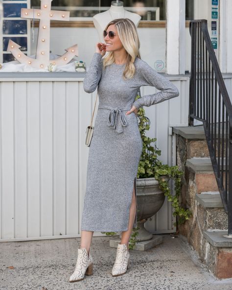 Sweater Dress Shoes, Gray Sweater Dress Outfit, Grey Dress Outfit, Red Dress Day, Grey Long Dress, Chic Black Dress, Womens Winter Dresses, Fall Sweater Dress, Wrap Sweater Dress