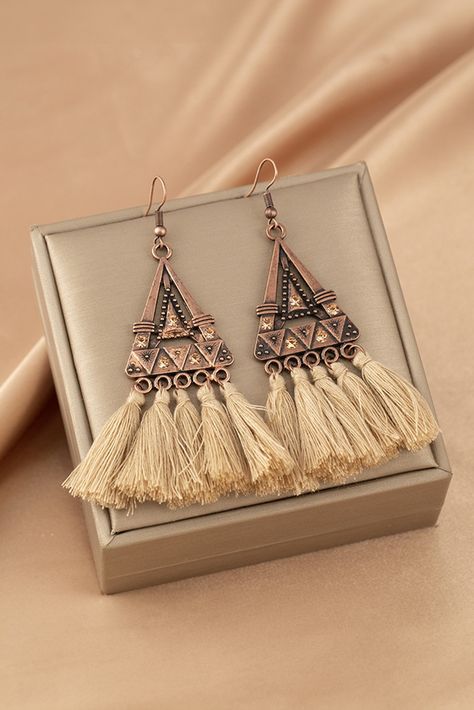 $1.8 Brown Boho Triangle Metal Tasseled Earrings Wholesale Earthy Chic, Jewelry Knowledge, Metal Pendants, Boho Earring, Boho Chic Earrings, Chic Vibes, Bohemian Colors, Tassel Drop Earrings, Estilo Chic