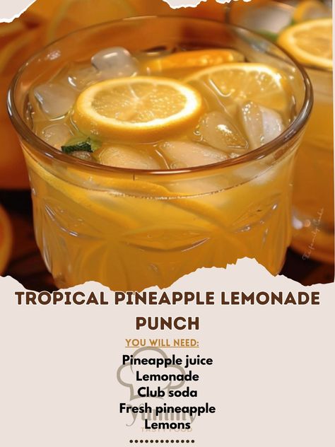 🍍🍋 Sip on Tropical Pineapple Lemonade Punch! A refreshing blend of fruity flavors, perfect for sunny days! #SummerSips #PineapplePunch Tropical Pineapple Lemonade Punch Recipe This punch is a delightful mix of pineapple and lemon, creating a tropical drink that's ideal for parties or relaxing afternoons. Ingredients: Pineapple juice: 500ml Lemonade: 500ml Club soda: 250ml Fresh pineapple, chopped: 200g Lemons, sliced: 100g Fresh mint leaves: 15g Ice cubes Directions: Mix the Punch: In a... Pineapple Lemonade Punch, Lemonade Punch Recipe, Homemade Drinks Recipes, Lemonade Punch, Pineapple Lemonade, Tea Drink Recipes, Lemonade Drinks, Summertime Drinks, Refreshing Drinks Recipes