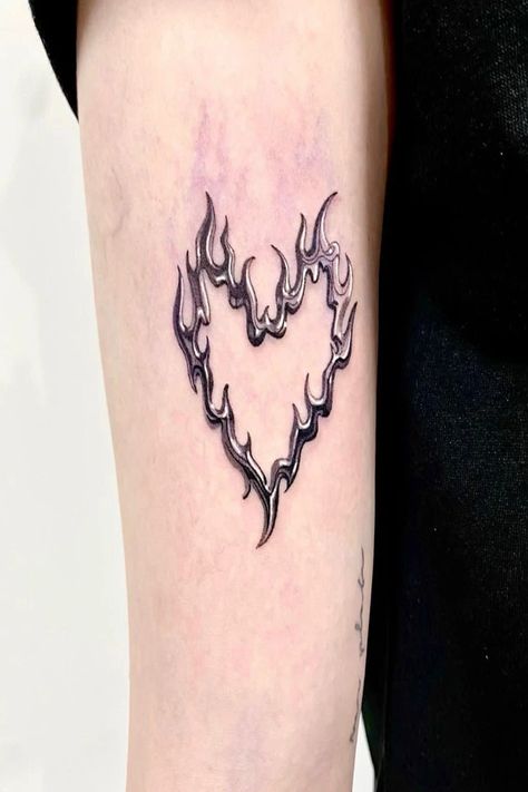 Fire Heart Tattoo Design, Flames Heart Tattoo, Flamed Heart Tattoo, Minimal Tattoo Heart, Spikey Heart Tattoos, Trippy Heart Tattoo, Fiery Heart Tattoo, Edgy Heart Tattoo, Burning Heart Tattoo Minimal