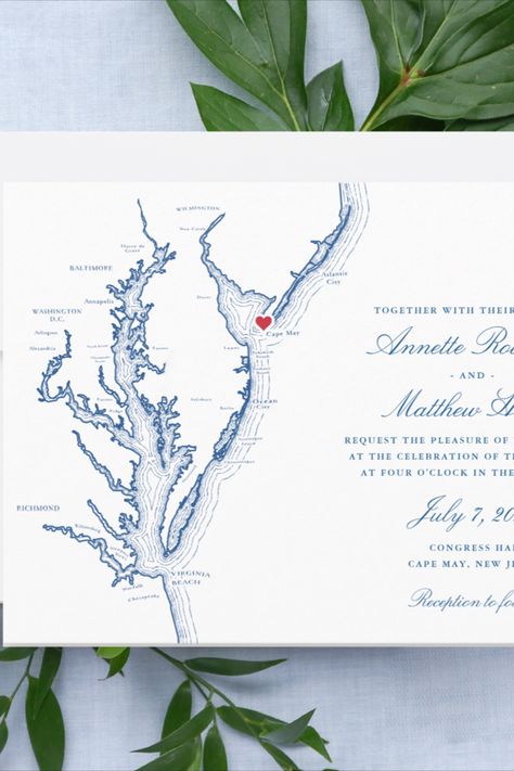 Cape May New Jersey Map Wedding invitation with heart over Cape May Elegant Navy Wedding, Elegant Navy Blue Wedding, Chesapeake Bay Wedding, Meridian House, Map Wedding Invitation, Jersey Shore Wedding, Virginia Beach Wedding, Nautical Wedding Invitations, Navy Blue Wedding Invitations