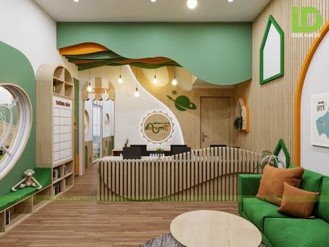 Montessori Kindergarten & Daycare Design 🎨 Nursery Reception Area Ideas, School Desks Ideas, Preschool Reception Area Design, Kindergarten Reception Design, Preschool Design Interior, Daycare Reception Area, Preschool Interior Design, Preschool Reception, Preschool Interior