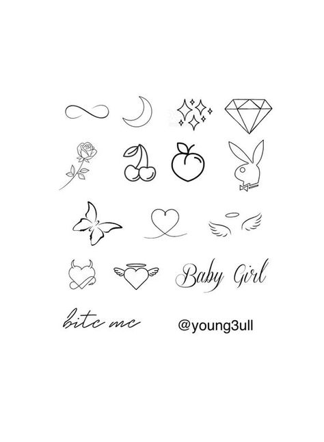 Black & White flash sheet that was used at many Tattoo Parties. Follow us on Instagram📲 @young3ull to see more of the stencils that were tattooed at the events ! Flat Sheet Tattoos, Girly Tattoos Unique Small Meaningful, Beginner Stencil Tattoo, Outline Flash Tattoo, Baddie Tattoo Stencils, Quick Tattoos Ideas Simple, Finger Tattoos Stencils, Flash Tattoo Designs Ideas, Girly Tattoo Stencils