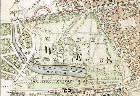 Hyde Park and part of Kensington Gardens c.1833 London Parks, Regency London, Hyde Park Corner, Hyde Park London, Royal Park, Regency Romance, London History, London Landmarks, London Map