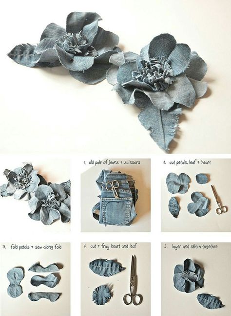 Jean Decorations Ideas, Återvinna Jeans, Tas Denim, Diy Flores, Diy Denim, Fleurs Diy, Fabric Flower Tutorial, Blue Jeans Crafts, Denim Jewelry