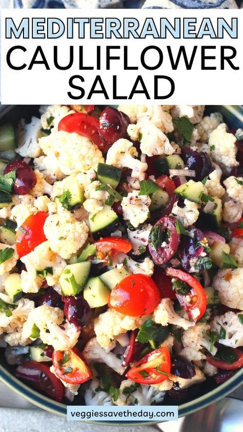 Easy to make with 10 ingredients, Mediterranean Cauliflower Salad is crunchy and satisfying. Hyper Nourishment Protocol, Dr Brooke Goldner Recipes, Vegan Mediterranean Diet, Brooke Goldner, Mediterranean Dressing, Crunchy Cauliflower, Mediterranean Cauliflower, Mediterranean Salad Recipe, Vegan Mediterranean