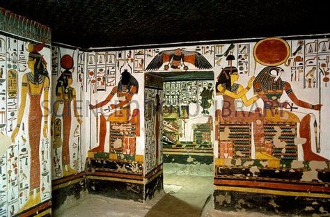 Tomb of Queen Nefertari. Interior of the vestibule within the tomb of Queen Nefertari. At centre is the entrance to a larger room known as the First east side annexe. Nefertari, who lived around 1300-1255 BC, was the first wife of the Egyptian pharaoh Ramses II. Egypt Tomb, Queen Nefertari, Starověký Egypt, Egyptian Painting, Egypt Museum, Egyptian Artifacts, Ancient Egypt Art, Egyptian Pharaohs, Egypt History