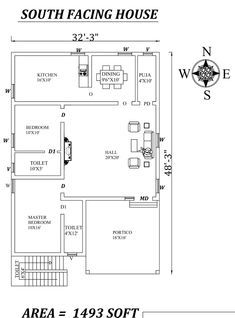 32'X48' Wonderful 2BHK South Facing House Plan As per vastu Shastra, Autocad DWG File Details - Cadbull 30 40 House Plans, South Indian House Design, House Plans East Facing, South Facing House Plan, East Facing House Plan, Drawing House Plans, South Facing House, West Facing House, North Facing House