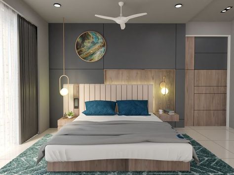 Contemporary style interior of a bedroom, with combination of wooden textured laminate grey coloured laminate. The recess behind headboard of bed gives niche for cove light. Niche Behind Bed, Interior Colour Combinations Master Bedrooms, Laminate Combination For Bedroom, Bedroom Laminate Colour Combination, Wardrobe Shutters, Cove Light, Bed Designs With Storage, Contemporary Style Interior, Colorful Headboard