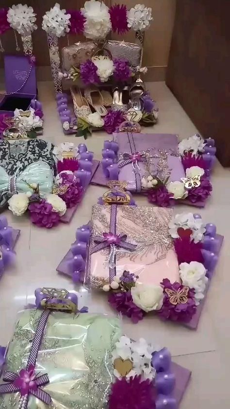 beautiful gifts for engagement | Bridal gift wrapping ideas, Diy wedding decorations, Creative wedding gifts Gifts For Engagement, Wedding Card Decorations, Wedding Gift Hampers, Wedding Platters, Wedding Gift Pack, Creative Wedding Gifts, Bridal Gift Wrapping Ideas, Gift Wrapping Techniques, Desi Wedding Decor