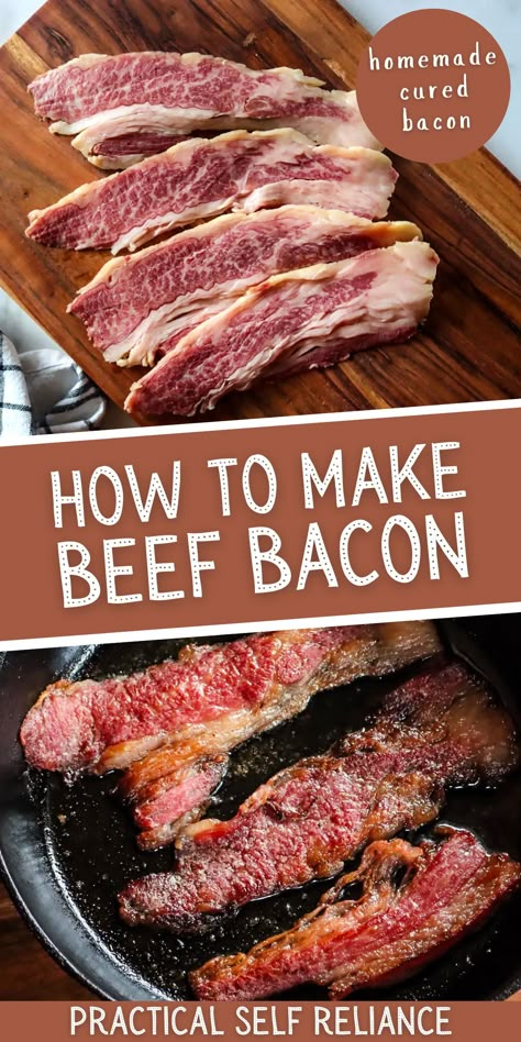 How to Make Beef Bacon: Curing Meat at Home - If you're looking for cured meat recipes, you'll love this homemade cured bacon made with beef. Making beef bacon with only 3 ingredients is simple to do and I can honestly say it's the best homemade bacon! Learn exactly how to make bacon in the oven! beef bacon recipes | making beef bacon | homemade beef bacon | salt cured bacon | curing bacon recipes Smoked Bacon Recipes, Curing Bacon, Curing Meat, Cured Meat Recipes, Homemade Bacon, Homemade Sausage Recipes, Jerky Recipes, Bacon In The Oven, Pork Bacon