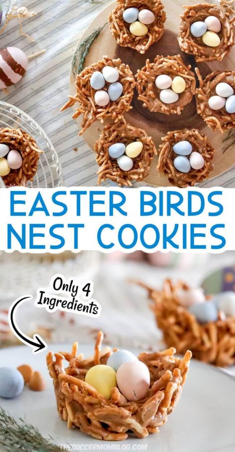 These 4 ingredient haystack cookies are shaped like bird's nests and filled with mini chocolate eggs. Birds nest cookies are a cute and delicious Easter treat! Birds Nest Rice Crispy Treats, Easter Birds Nest Cookies, Easter Birds Nest Treats, Easter Chow, Bird Nest Cookies, Birds Nests Recipe, Birds Nest Cookies, Easter Birds Nest, Haystack Cookies