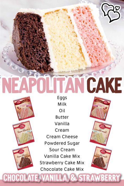 Neapolitan cake is a classic dessert made up of layers of chocolate, vanilla, and strawberry, and topped with sweet vanilla frosting. Chocolate Vanilla Strawberry Layer Cake, Diy Cake Flavors, Easter Cake Flavor Ideas, Homemade Layered Cake, Neopolitan Cake Birthdays, Neopolitan Crunch Cake, Cake Recipes Unique Flavors, Neopolitan Cake Recipes, Strawberry Cake Chocolate Frosting