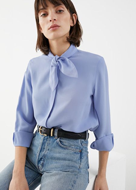 Satin Neck Bow Blouse - Blue - Blouses - & Other Stories Bow Shirt Outfit, Bow Shirt, Straight Clothes, Neck Bow, Chic Blouses, Fall Winter Wardrobe, Simply Chic, Bow Blouse, Satin Blouse