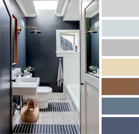 Soft grey, cream, brown, slate, navy color palette in a small bathroom. | Photographer: Janis Nicolay | Designer: Sophie Burke Color Palette Bathroom Colour Schemes, Color Palette For Bathroom, Bathroom Interior Blue, Color Palette Bathroom, Bathroom Color Combinations, Interior Colour Palette, Palette House, Blue And Brown Bathroom, Bathroom Color Palette