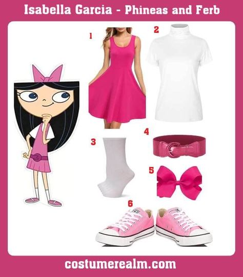 How To Dress Like Isabella Garcia-Shapiro Costume Guide For Halloween Phineas And Isabella Costume, Pink Dress Halloween Costume Ideas, Phineas And Ferb Isabella, Isabella Costume, Phineas And Ferb Costume, Mulan Outfit, Isabella Garcia, Phineas And Isabella, Costume Guide