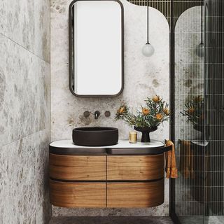 Helen Awali (@helen.awali) • Instagram photos and videos Curved Bathroom Vanities, Contemporary Vanity Design, Bathroom Sink Design Modern, Contemporary Bathroom Vanity Designs, Contemporary Interior Design Bathroom, Vanity Tile Wall, Best Bathroom Designs Modern, Vanity Ideas Bathroom Modern, Ceiling Design For Bathroom