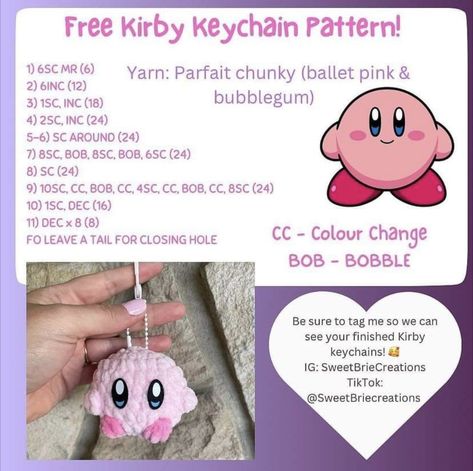 Kirby Amigurumi, Kirby Keychain, Keychain Pattern, Crochet Tutorial Pattern, Quick Crochet Patterns, Crochet Keychain Pattern, Valentines Crochet, Crochet Animals Free Patterns, Crochet Design Pattern