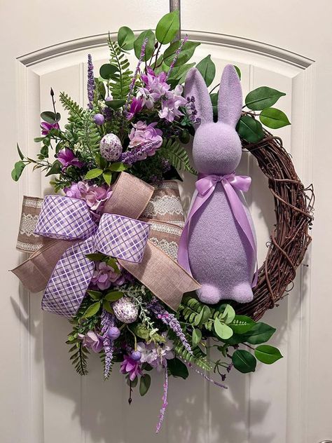 Kandi’s Inspired Kreations Community | First flocked bunny wreath I’ve ever made | Facebook Flocked Bunny Decor, Easter Decoration Ideas, Nutcracker Decor, Purple Easter, Spring Decorations, Easter Bunny Decorations, Bunny Decor, Easter Holiday, Bunny Wreath