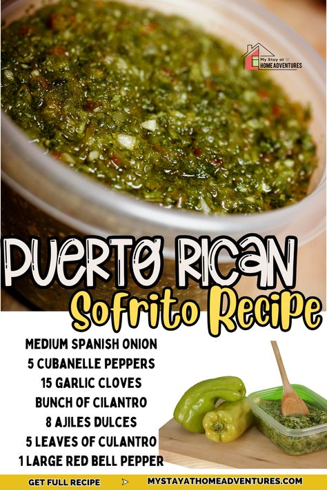 Puerto Rican Sofrito is a classic staple of the island's cuisine. Puerto Rican sofrito is a traditional sauce made with a combination of aromatic ingredients and spices. It typically includes garlic, recao, onions, bell peppers, cilantro, and culantro as the base ingredients. The final product should be a flavorful condiment that can be added to dishes like rice and beans, soups, meat, and stews, for an extra flavor boost. Puerto Rican Tostones Recipes, Sofrito Recipes, Puerto Rican Red Beans And Rice, Puerto Rican Rice And Beans, Puerto Rican Soup, Mofongo Puerto Rican, Puerto Rican Rice, Pinchos Puerto Rican, Puerto Rican Thanksgiving Recipes