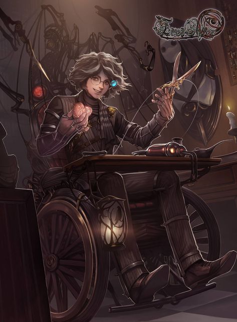 Dr. Pipt Geppetto – The Hand of Evolution., Lonwa A on ArtStation at https://www.artstation.com/artwork/n3QN6 Dnd Wheelchair Character, Human Artificer Male, Inventor Rpg, Dnd Artificer Character Design, Inventor Art, Artificer Character Design, Steampunk Rpg, Steampunk Character Design, Steampunk Character