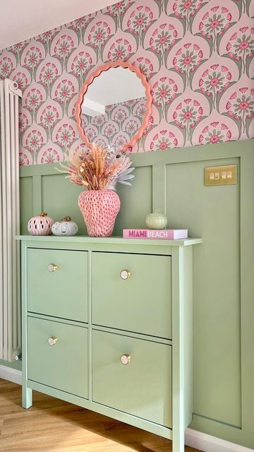 Green Hallway, Pastel Interior, Pastel House, Basket Storage, Colour Combo, Wallpaper Pattern, The Wallpaper, Wooden Pegs, Dream House Decor