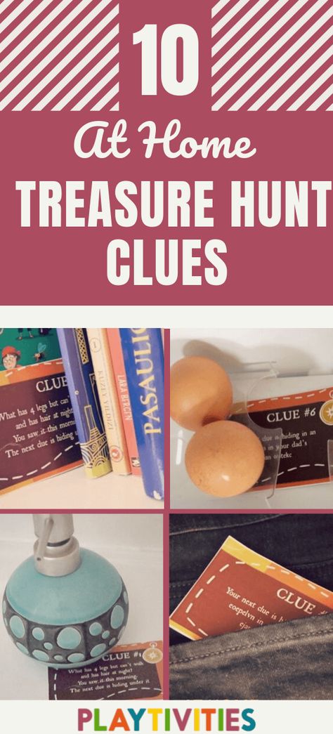 At Home Treasure Hunt with 10 Clues - Free Printable - PLAYTIVITIES Indoor Scavenger Hunt For Teens, Treasure Hunt Riddles, Kids Treasure Hunt Clues, Treasure Maps For Kids, Teen Scavenger Hunt, Riddles Kids, Scavenger Hunt Riddles, Treasure Hunt For Kids, Clue Games