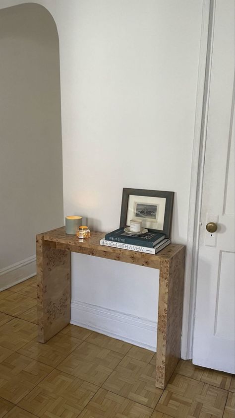 CB2’s Burl Console Table Doubles as My Apartment “Entryway” | Apartment Therapy Cb2 Table, Burl Wood Console Table, Burl Wood Console, Entryway Apartment, Squiggle Mirror, Wood Entry Table, Living Room Nook, Console Table Styling, Apartment Entryway